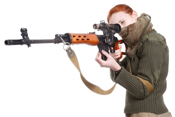 Vrouw Sniper Met Svd Sniper Geweer Geïsoleerd Witte Achtergrond — Stockfoto