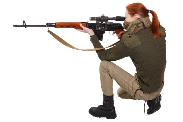 Mulher Sniper Com Svd Sniper Rifle Isolado Fundo Branco — Fotografia de Stock