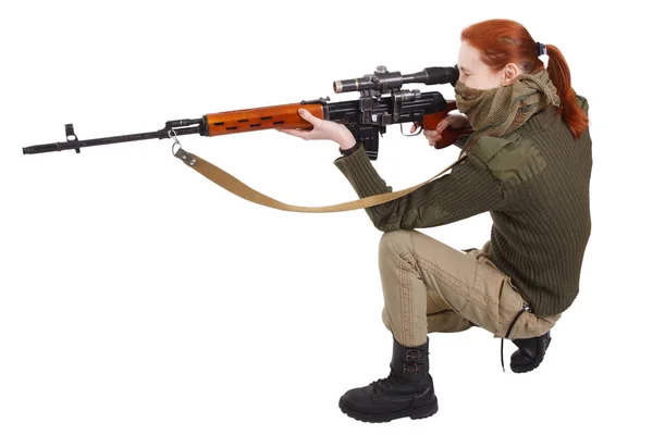 Žena Odstřelovač Manuální Odstřelovací Pušku Svd Izolovaných Bílém Pozadí — Stock fotografie