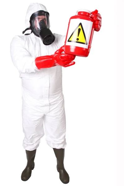 Homem Terno Hazmat Com Material Perigoso Recipiente Vermelho Isolado Branco — Fotografia de Stock