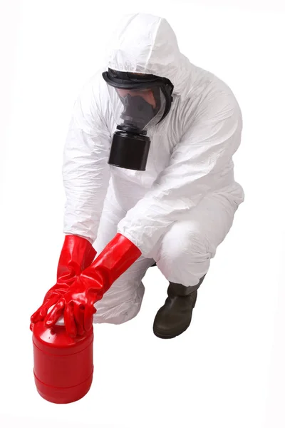 Άνθρωπος Ένα Κοστούμι Hazmat Κόκκινο Δοχείο Απομονωθεί Λευκό Επικίνδυνο Υλικό — Φωτογραφία Αρχείου