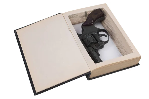 Pistola Revolver Nascosta Libro Isolato Sfondo Bianco — Foto Stock