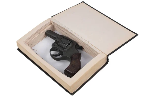 Pistola Revolver Nascosta Libro Isolato Sfondo Bianco — Foto Stock