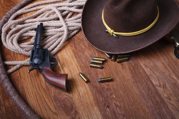 Wild West Guns Ammunition Wooden Table — Stock Photo, Image