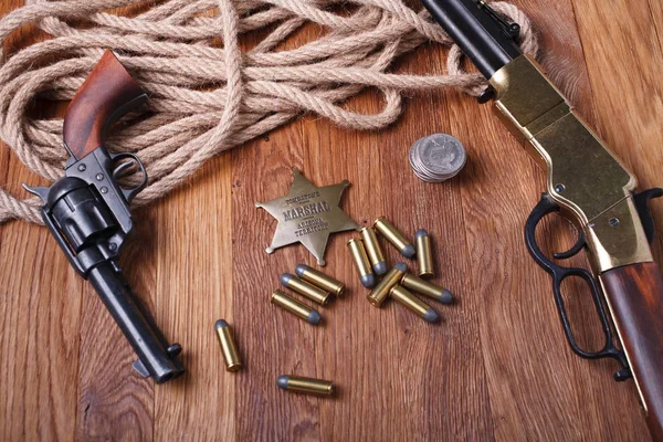 Wild West Rifle Ammunition Sheriff Badge Wooden Table — Stock Photo, Image