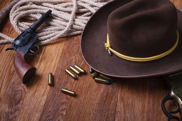 Wild West Rifle Ammunition Sheriff Badge Wooden Table — Stock Photo, Image