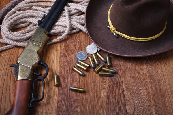 Wild West Rifle Ammunition Sheriff Badge Wooden Table — Stock Photo, Image