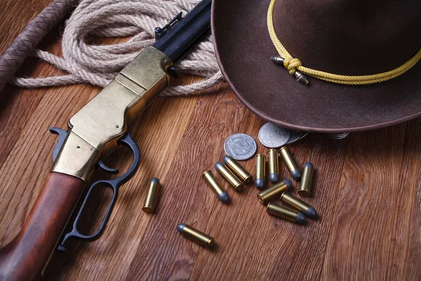 Wild West Rifle Ammunition Silver Dollars Wooden Table — Stock Photo, Image