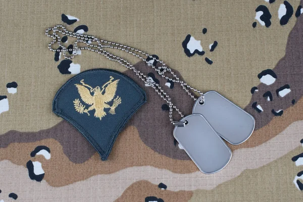 Maio 2018 Army Especialista Patch Rank Dog Tags Uniforme Camuflagem — Fotografia de Stock