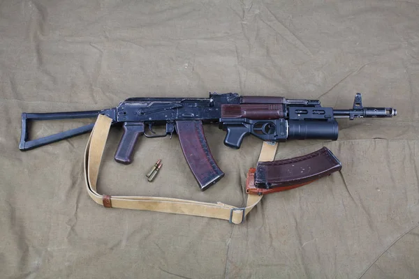 Kalashnikov Con Lanzagranadas Subbarril Sobre Fondo Lona — Foto de Stock