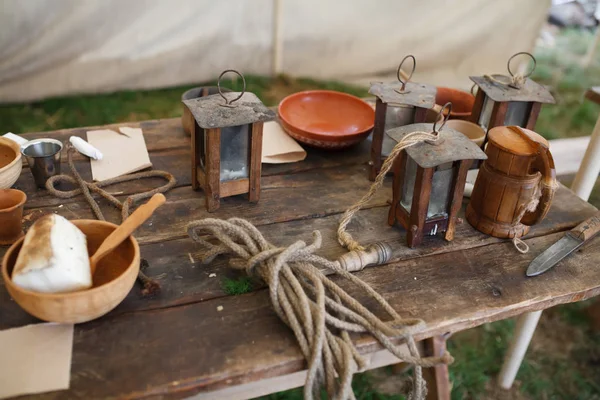 Century Historical Reenactment Table Attributes Food Wick Lights — Stock Photo, Image