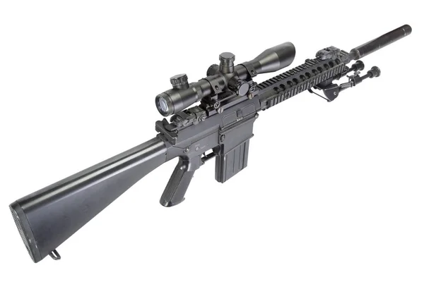 Semi Automatische Sniper Rifle Bipod Geluiddemper Geïsoleerd Een Witte Achtergrond — Stockfoto