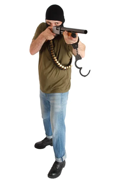 Prison Break Robber Black Mask Shotgun Removing Handcuffs — Stock Photo, Image