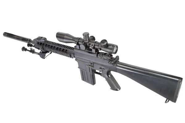 Semi Automatische Sniper Rifle Bipod Geluiddemper Geïsoleerd Een Witte Achtergrond — Stockfoto