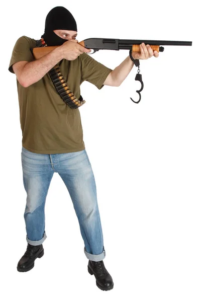 Prison Break Robber Black Mask Shotgun Removing Handcuffs — Stock Photo, Image