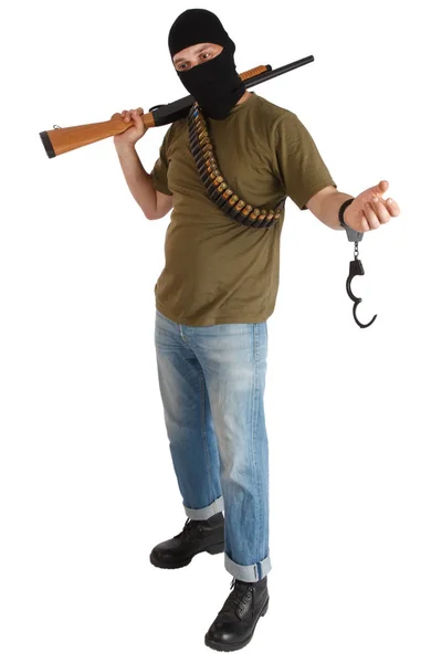 Prison Break Robber Black Mask Shotgun Removing Handcuffs — Stock Photo, Image