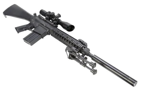 Semi Automatische Sniper Rifle Bipod Geluiddemper Geïsoleerd Een Witte Achtergrond — Stockfoto