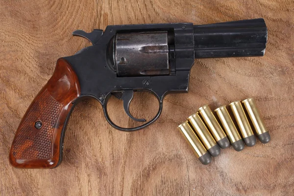 Revolver Ammunition Wooden Background — Stock Photo, Image