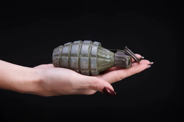 Fragmentation Grenade Girl Hand Black Background — Stock Photo, Image