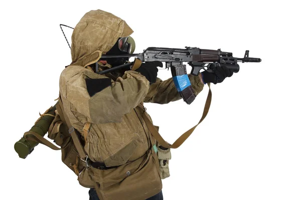 Post Apocalyptic Fiction Concept Stalker Gas Mask Gun Isolated White — Stock Photo, Image