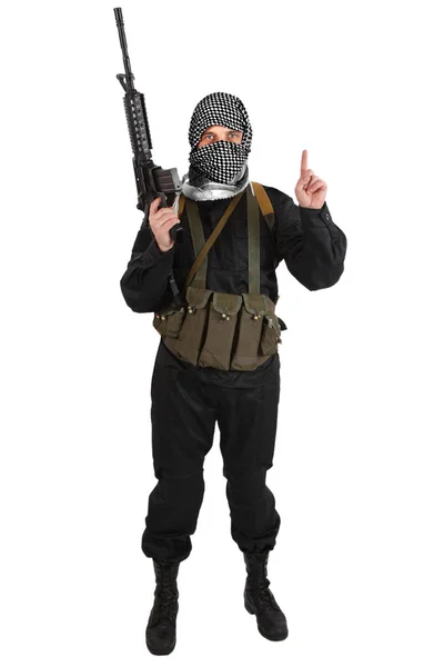 Insurgent Îmbrăcat Uniformă Neagră Shemagh Alb Negru Pușcă Asalt Izolată — Fotografie, imagine de stoc