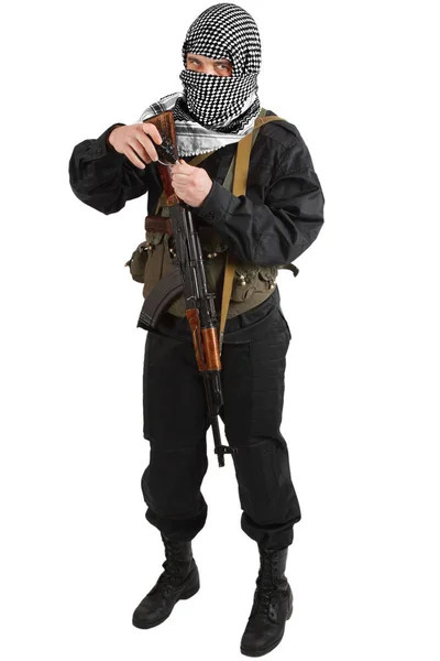 Insurgent Dressed Black Uniform Black White Shemagh Rifle Isolated White — Stock Photo, Image