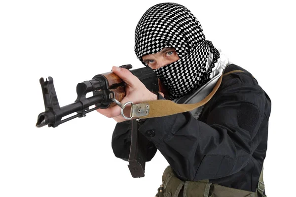 Insurgent Dressed Black Uniform Black White Shemagh Rifle Isolated White — Stock Photo, Image