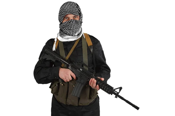 Insurgent Dressed Black Uniform Black White Shemagh Assault Rifle Isolated — Stock Photo, Image