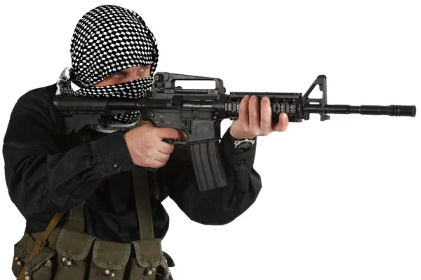 Insurgé Vêtu Uniforme Noir Shemagh Noir Blanc Avec Fusil Assaut — Photo