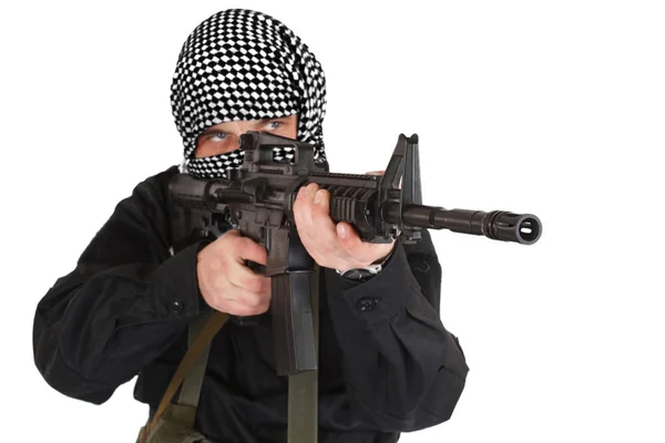 Opstandige Gekleed Zwarte Uniforme Zwart Wit Shemagh Met Assault Rifle — Stockfoto