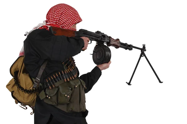 Soldat Militar Rebel Uniformă Neagră Mitralieră Roşie Kufiya Izolat Alb — Fotografie, imagine de stoc