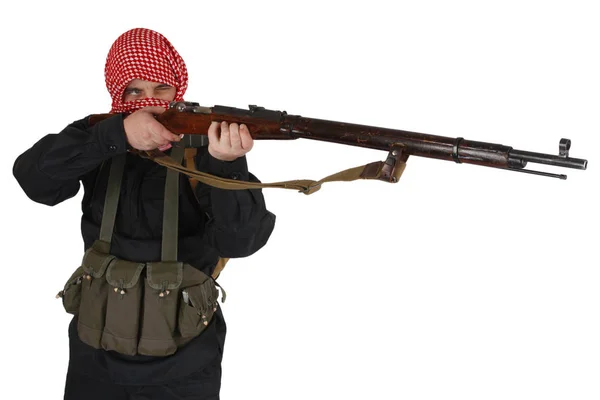 Soldato Dell Esercito Ribelle Uniforme Nera Con Kufiya Rosso Possesso — Foto Stock