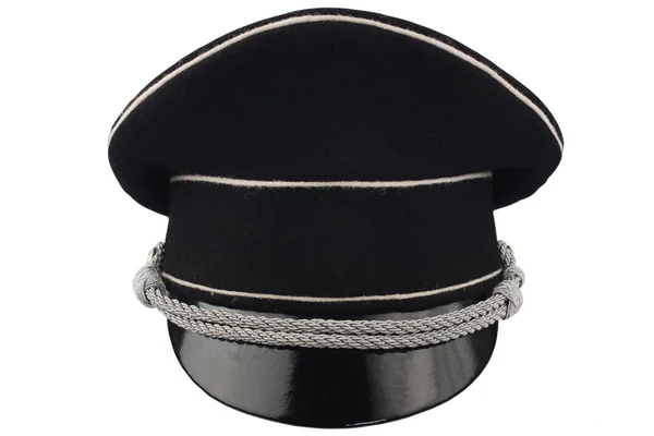 Zwarte Voedergewassen Cap Met Zilveren Koord Geïsoleerd Wit — Stockfoto
