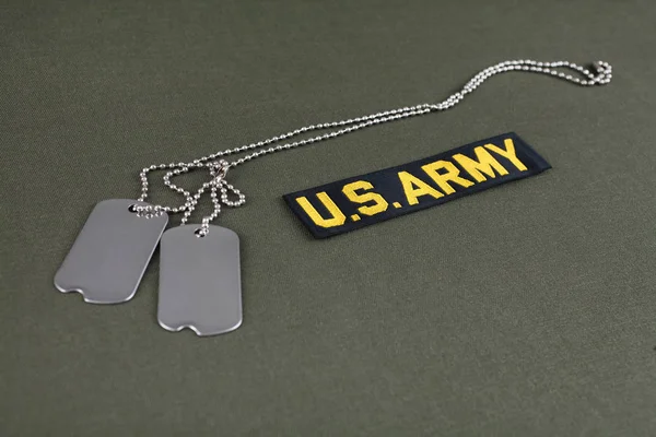 Army Branch Tape Dog Tags Olive Green Uniform Background — Stock Photo, Image