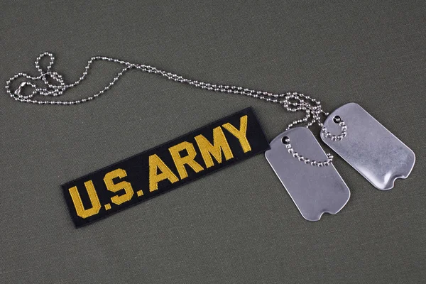 Army Branch Tape Dog Tags Olive Green Uniform Background — Stock Photo, Image