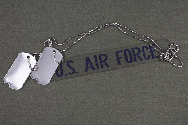 Air Force Branch Tape Dog Tags Olive Green Uniform Background — Stock Photo, Image