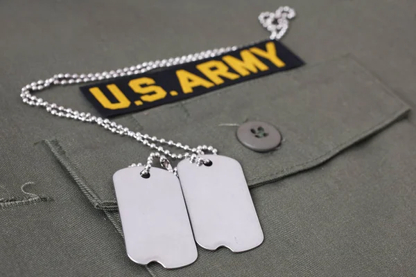 Army Branch Tape Dog Tags Olive Green Uniform Background — Stock Photo, Image