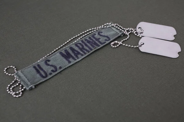 Marines Tape Dog Tags Olive Green Uniform Background — Stock Photo, Image