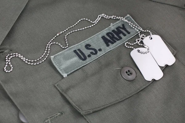 Army Branch Tape Dog Tags Olive Green Uniform Background — Stock Photo, Image