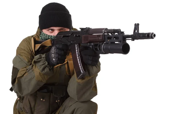 Pro-Russian militiaman with kalashnikov ak-47 rifle with under-barrel grenade launcher — Stock Photo, Image
