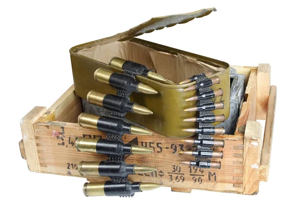 Soviet army ammunition box. Text in russian - type of ammunition ("5,45 PPSG" - 5,45 mm cartridges for AK74 assault rifle), lot number and production date, number of pieces and weight — Stock Photo, Image