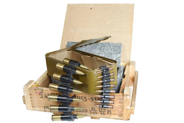 Soviet army ammunition box. Text in russian - type of ammunition ("5,45 PPSG" - 5,45 mm cartridges for AK74 assault rifle), lot number and production date, number of pieces and weight — Stock Photo, Image