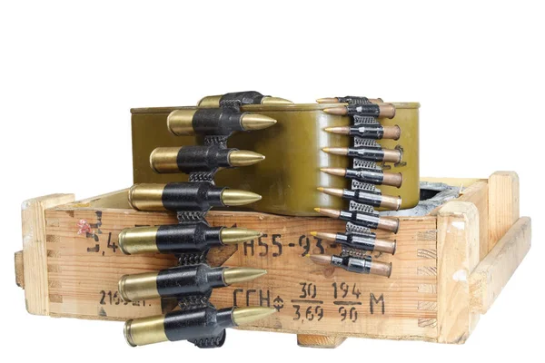 Soviet army ammunition box. Text in russian - type of ammunition ("5,45 PPSG" - 5,45 mm cartridges for AK74 assault rifle), lot number and production date, number of pieces and weight — Stock Photo, Image