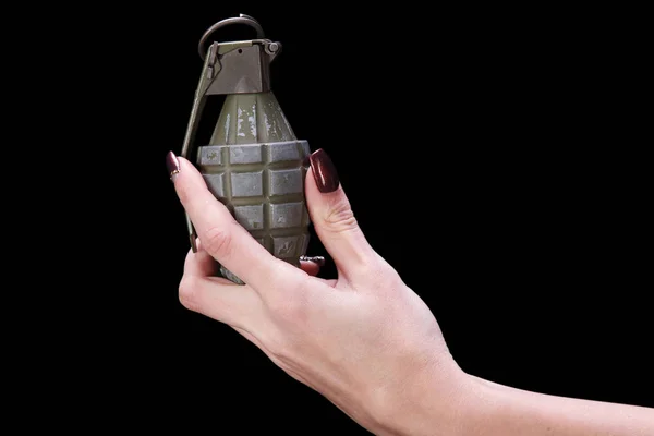 Hand grenade in girl hand — Stock Photo, Image