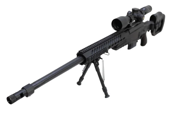 Modern 338 Kaliber Prickskytt Gevär Med Bipod Isolerad Vit Bakgrund — Stockfoto