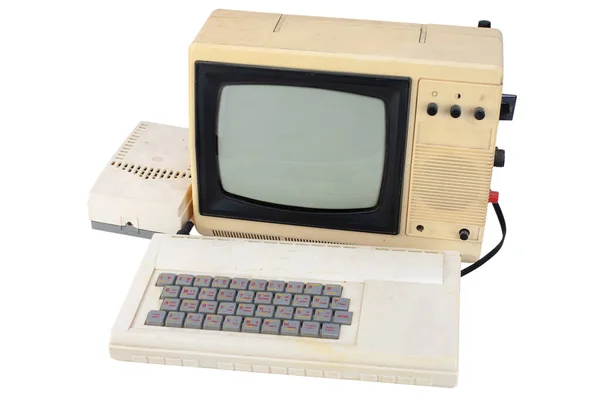 Viejo Ordenador Bits Con Monitor Televisor Aislado Blanco — Foto de Stock