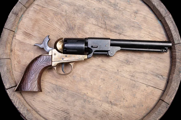 Old West Weapon Percussion Armée Revolver Sur Baril Bois — Photo