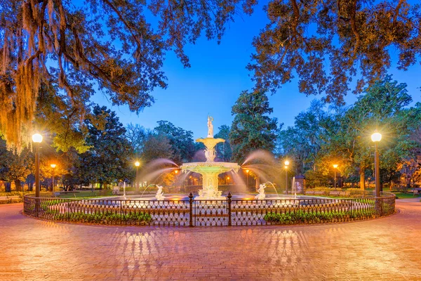 Forsyth Parkı Savannah Georgia Abd Çeşme Şafak — Stok fotoğraf