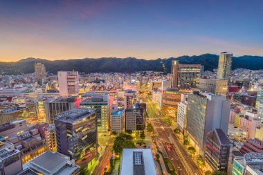 Alacakaranlıkta çiçek yol ve Mount Rokko doğru Sannomiya bölgesinin üzerinden Kobe, Japonya manzarası.