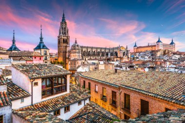 Toledo, İspanya Katedrali ve çatıları şafak.